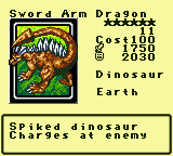 Sword Arm Dragon — Monster (Dinosaur) [Earth] — Level 6 — Cost 100 — ATK 1750 / DEF 2030 — Spiked dinosaur   Charges at enemy