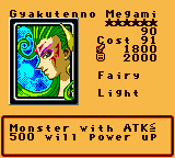 Gyakutenno Megami — Effect Monster (Fairy) [Light] — Level 6 — Cost 91 — ATK 1800 / DEF 2000 — Monster with ATK≦ 500 will power up