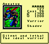 Ansatsu — Monster (Warrior) [Shadow] — Level 5 — Cost 26 — ATK 1700 / DEF 1200 — Silent and lethal The ideal warrior