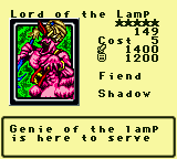 Lord of the Lamp — Monster (Fiend) [Shadow] — Level 5 — Cost 5 — ATK 1400 / DEF 1200 — Genie of the lamp is here to serve