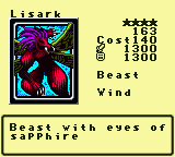 Lisark — Monster (Beast) [Wind] — Level 4 — Cost 140 — ATK 1300 / DEF 1300 — Beast with eyes of sapphire