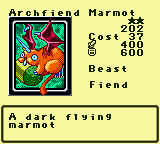 Archfiend Marmot — Monster (Beast) [Fiend] — Level 2 — Cost 37 — ATK 400 / DEF 600 — A dark flying     marmot
