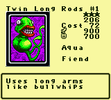 Twin Long Rods #1 — Monster (Aqua) [Fiend] — Level 3 — Cost 72 — ATK 900 / DEF 700 — Uses long arms    like bullwhips