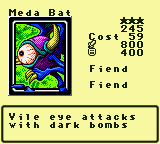 Meda Bat — Monster (Fiend) [Fiend] — Level 3 — Cost 59 — ATK 800 / DEF 400 — Vile eye attacks  with dark bombs