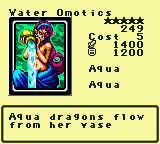 Water Omotics — Monster (Aqua) [Aqua] — Level 5 — Cost 5 — ATK 1400 / DEF 1200 — Aqua dragons flow from her vase