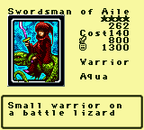 Swordsman of Aile — Monster (Warrior) [Aqua] — Level 4 — Cost 140 — ATK 800 / DEF 1300 — Small warrior on  a battle lizard