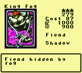 King Fog — Monster (Fiend) [Shadow] — Level 3 — Cost 87 — ATK 1000 / DEF 900 — Fiend hidden by   fog
