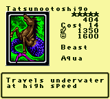 Tatsunootoshigo — Monster (Beast) [Aqua] — Level 5 — Cost 14 — ATK 1350 / DEF 1600 — Travels underwater at high speed