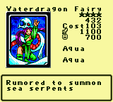 Waterdragon Fairy — Monster (Aqua) [Aqua] — Level 4 — Cost 103 — ATK 1100 / DEF 700 — Rumored to summon sea serpents
