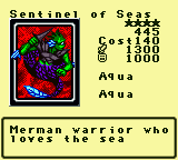 Sentinel of Seas — Monster (Aqua) [Aqua] — Level 4 — Cost 140 — ATK 1300 / DEF 1000 — Merman warrior who loves the sea