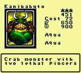 Kanikabuto — Monster (Aqua) [Aqua] — Level 3 — Cost 72 — ATK 650 / DEF 900 — Crab monster with two lethal pincers