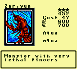 Zarigun — Monster (Aqua) [Aqua] — Level 3 — Cost 47 — ATK 600 / DEF 700 — Monster with very lethal pincers