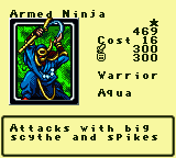 Armed Ninja — Monster (Warrior) [Aqua] — Level 1 — Cost 16 — ATK 300 / DEF 300 — Attacks with big  scythe and spikes