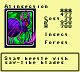 Alinsection — Monster (Insect) [Forest] — Level 3 — Cost 79 — ATK 950 / DEF 700 — Stag beetle with  saw-like blades