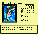Misairuzame — Monster (Fish) [Aqua] — Level 5 — Cost 14 — ATK 1400 / DEF 1600 — Belly armed with  missile launcher