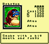 Behegon — Monster (Aqua) [Aqua] — Level 4 — Cost 150 — ATK 1350 / DEF 1000 — Snake with a big  mouth and fangs