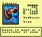 Takuhee — Monster (WngBeast) [Wind] — Level 5 — Cost 5 — ATK 1450 / DEF 1000 — Known to many as a harbinger of doom