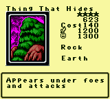 Thing That Hides — Monster (Rock) [Earth] — Level 4 — Cost 140 — ATK 1200 / DEF 1300 — Appears under foes and attacks