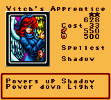 Witch's Apprentice — Effect Monster (Spellcst) [Shadow] — Level 2 — Cost 33 — ATK 550 / DEF 500 — Powers up Shadow Power down Light