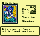 Hibikime — Monster (Warrior) [Shadow] — Level 5 — Cost 5 — ATK 1450 / DEF 1000 — Distracts foes    with loud noises
