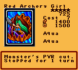 Red Archery Girl — Effect Monster (Aqua) [Aqua] — Level 5 — Cost 7 — ATK 1400 / DEF 1500 — Monster's PWR cut. Stopped for 1 turn
