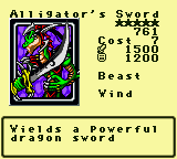 Alligator's Sword — Monster (Beast) [Wind] — Level 5 — Cost 7 — ATK 1500 / DEF 1200 — Wields a powerful dragon sword