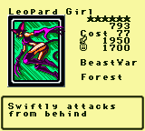 Leopard Girl — Monster (BeastWar) [Forest] — Level 6 — Cost 77 — ATK 1950 / DEF 1700 — Swiftly attacks   from behind