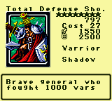 Total Defense Sho. — Monster (Warrior) [Shadow] — Level 8 — Cost 27 — ATK 1550 / DEF 2500 — Brave general who fought 1000 wars
