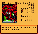 Slifer Sky Dragon — Effect Monster (Dragon) [Divine] — Level 12 — Cost 50 — ATK 4000 / DEF 4000 — Gains ATK based on hand size