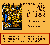 Winged Dragon Ra — Effect Monster (Machine) [Divine] — Level 12 — Cost 50 — ATK 4000 / DEF 4000 — Summons monsters summoned by enemy and in their GY