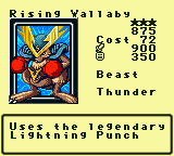 Rising Wallaby — Monster (Beast) [Thunder] — Level 3 — Cost 72 — ATK 900 / DEF 350 — Uses the legendary Lightning Punch