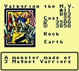 Valkyrion the M.W. — Monster (Rock) [Earth] — Level 11 — Cost 25 — ATK 3500 / DEF 3850 — A monster made of 3 Magnet Warriors
