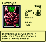 Gargoyle — Monster (Demon) [Wind-Kin] — Level 3 — Cost 87 — ATK 1000 / DEF 500 — Disguised as carved stone, it ambushes from the shadows before quickly fleeing.