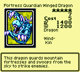 Fortress Guardian Winged Dragon — Monster (Dragon) [Wind-Kin] — Level 5 — Cost 5 — ATK 1400 / DEF 1200 — This dragon guards mountain fortresses and swoops from the sky to strike enemies.