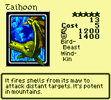 Taihoon — Monster (Bird-Beast) [Wind-Kin] — Level 5 — Cost 5 — ATK 1200 / DEF 1400 — It fires shells from its maw to attack distant targets. It's potent in mountains.
