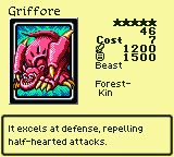Griffore — Monster (Beast) [Forest-Kin] — Level 5 — Cost 7 — ATK 1200 / DEF 1500 — It excels at defense, repelling half-hearted attacks.