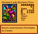 Harpie Lady Sisters Trio — Effect Monster (Bird-Beast) [Wind-Kin] — Level 7 — Cost 2 — ATK 1950 / DEF 2100 — Boosts allied Harpie's Pet Dragon by 2 levels.