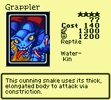 Grappler — Monster (Reptile) [Water-Kin] — Level 4 — Cost 140 — ATK 1300 / DEF 1200 — This cunning snake uses its thick, elongated body to attack via constriction.
