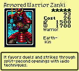 Armored Warrior Zanki — Monster (Warrior) [Earth-Kin] — Level 5 — Cost 26 — ATK 1500 / DEF 1700 — It favors duels and strikes through split-second openings with iaido techniques.