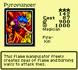 Pyromancer — Monster (Magician) [Fire-Kin] — Level 3 — Cost 87 — ATK 900 / DEF 1000 — This flame manipulator freely creates seas of flame and burning walls to attack foes.