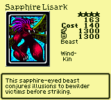 Sapphire Lisark — Monster (Beast) [Wind-Kin] — Level 4 — Cost 140 — ATK 1300 / DEF 1300 — This sapphire-eyed beast conjures illusions to bewilder victims before striking.