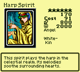 Harp Spirit — Monster (Angel) [White-Kin] — Level 6 — Cost 91 — ATK 800 / DEF 2000 — This spirit plays the harp in the celestial realm. Its melodies soothe surrounding hearts.