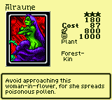 Alraune — Monster (Plant) [Forest-Kin] — Level 3 — Cost 87 — ATK 800 / DEF 1000 — Avoid approaching this woman-in-flower, for she spreads poisonous pollen.