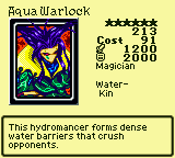Aqua Warlock — Monster (Magician) [Water-Kin] — Level 6 — Cost 91 — ATK 1200 / DEF 2000 — This hydromancer forms dense water barriers that crush opponents.