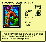 Shien's Body Double — Monster (Warrior) [Fire-Kin] — Level 3 — Cost 59 — ATK 800 / DEF 400 — This body double serves Shien and wields a renowned sword of exceptional sharpness.