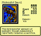 Midnight Devil — Monster (Demon) [Demon-Kin] — Level 3 — Cost 59 — ATK 800 / DEF 600 — This bird monster appears at midnight, though summoning it reportedly requires a sacrifice.