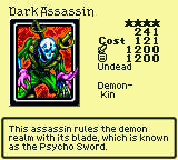 Dark Assassin — Monster (Undead) [Demon-Kin] — Level 4 — Cost 121 — ATK 1200 / DEF 1200 — This assassin rules the demon realm with its blade, which is known as the Psycho Sword.
