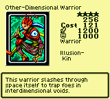 Other-Dimensional Warrior — Monster (Warrior) [Illusion-Kin] — Level 4 — Cost 121 — ATK 1200 / DEF 1000 — This warrior slashes through space itself to trap foes in interdimensional voids.