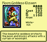 Moon Goddess Elzaem — Monster (Angel) [White-Kin] — Level 4 — Cost 103 — ATK 750 / DEF 1100 — This beautiful goddess protects the moon and blocks attacks with a curtain of moonlight.