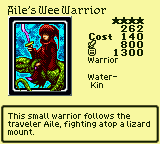 Aile's Wee Warrior — Monster (Warrior) [Water-Kin] — Level 4 — Cost 140 — ATK 800 / DEF 1300 — This small warrior follows the traveler Aile, fighting atop a lizard mount.